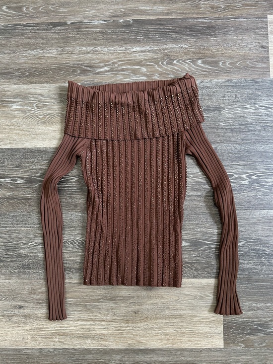 Cache Sweaters - Caché Off The Shoulder Beaded Ribbed Knit Sweater Brown Medium Y2K Coquette